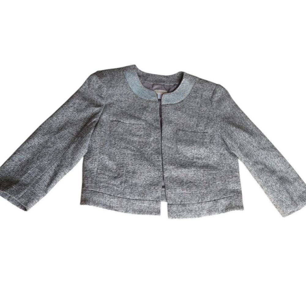 LOFT Silver Cropped Jacket with Sequin Collar | Size 14 | Lined Preppy Glam EUC - Picture 2 of 11